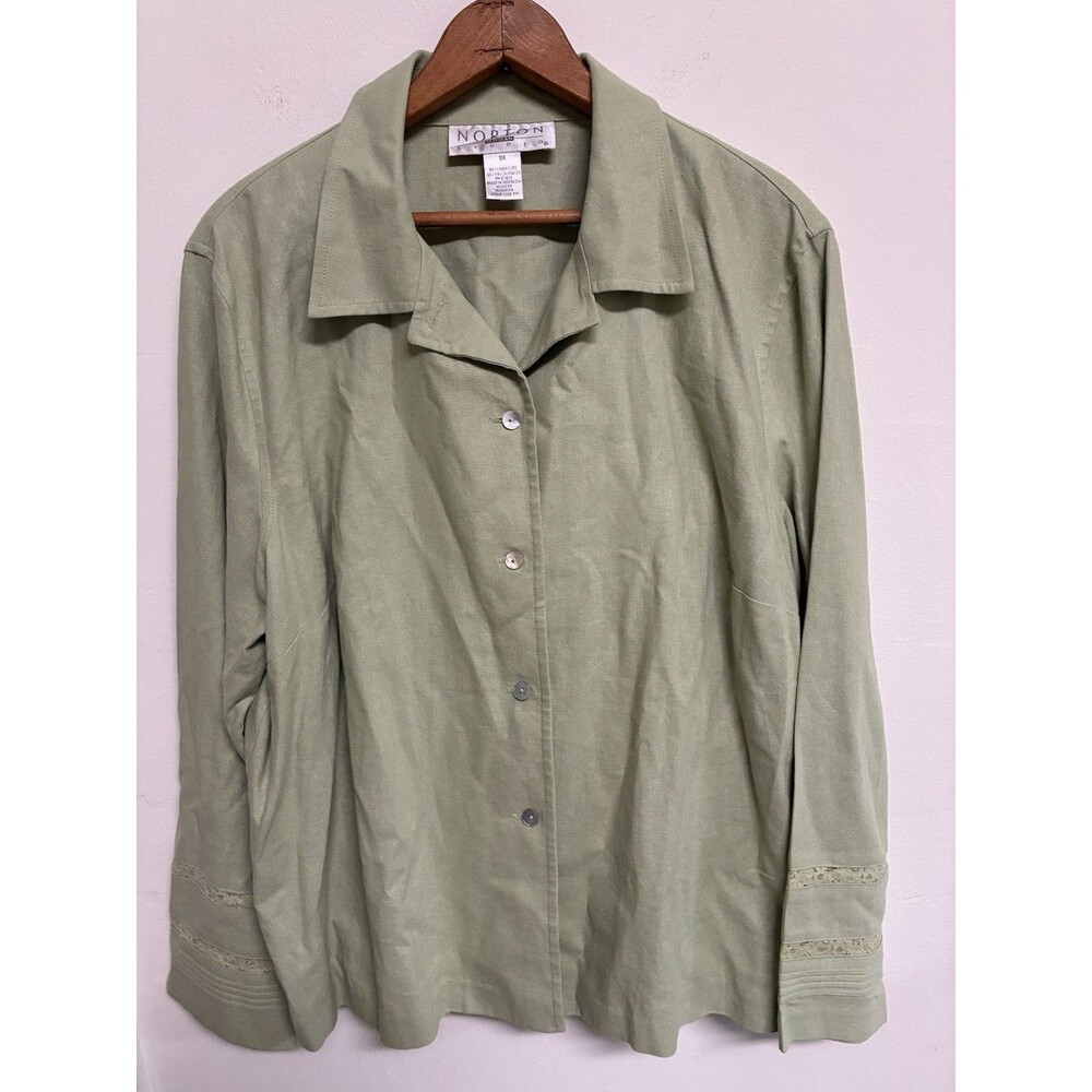 Norton Studio Shirt Size 1X Button Down Green Long Sleeve Lace Design On Sleeves